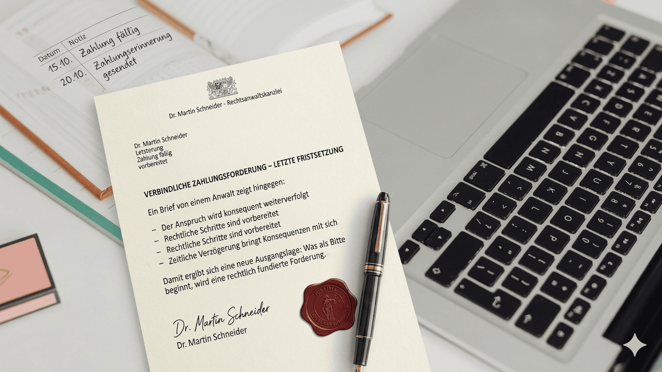 Anwaltliches Schreiben zur Durchsetzung von Forderungen in Deutschland neben Laptop